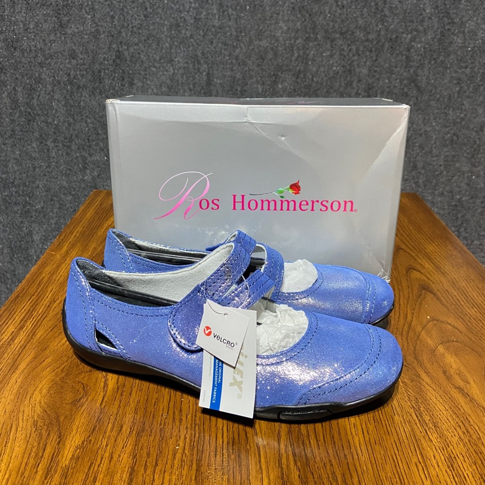 Ros Hommerson Chelsea Blue Iridescent Leather Mary Jane Flats 7.5M Dri-Lex NWT